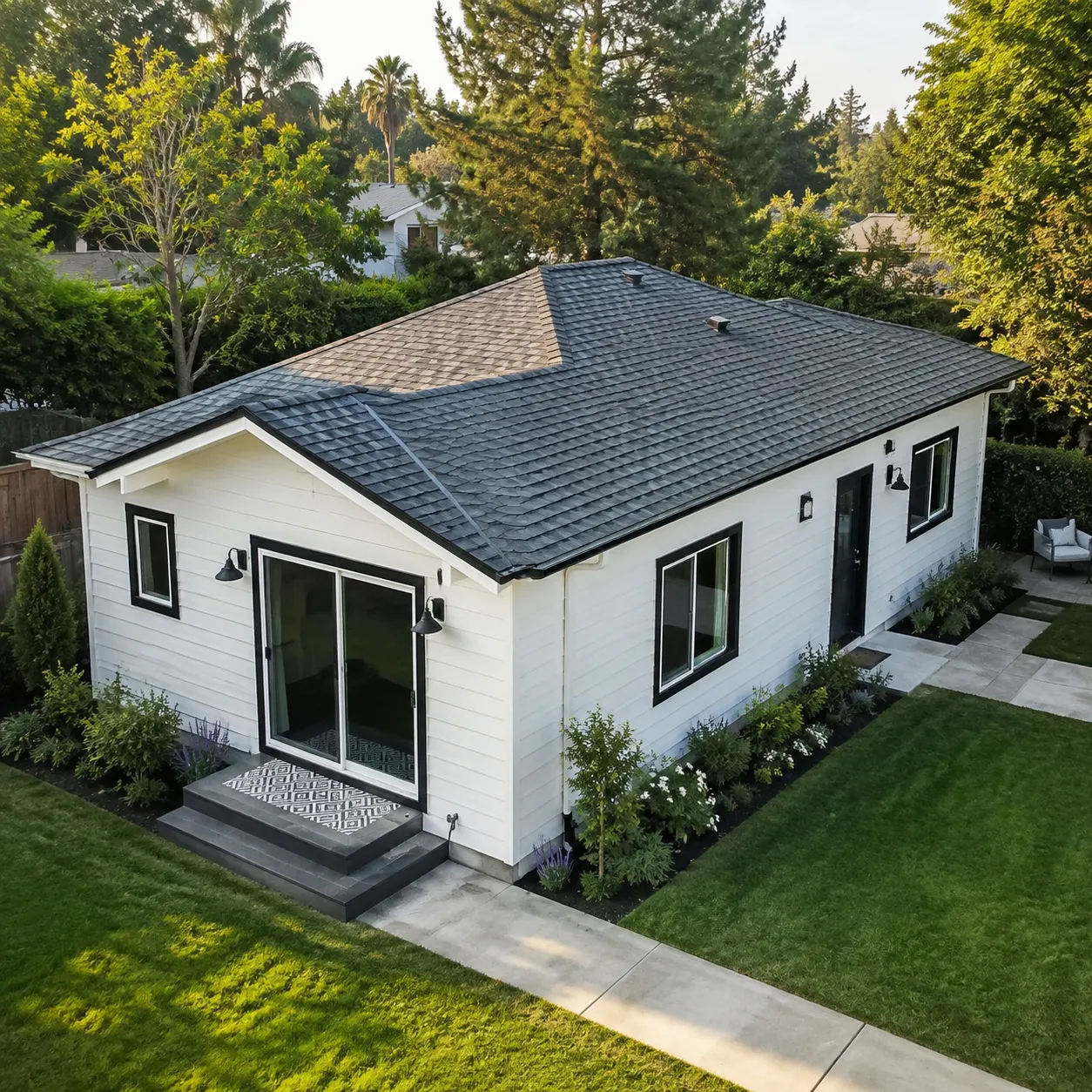 Detached backyard cottage with white siding, black trim, and new landscaping