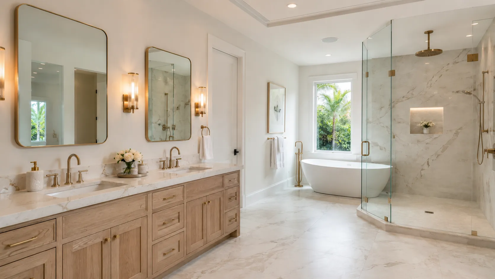 Bathroom concept with a light-oak vanity, marble-look tile, and freestanding tub by the window
