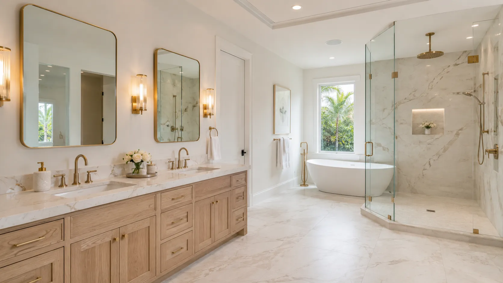 Bathroom concept with marble surfaces, gold fixtures, and a frameless glass shower