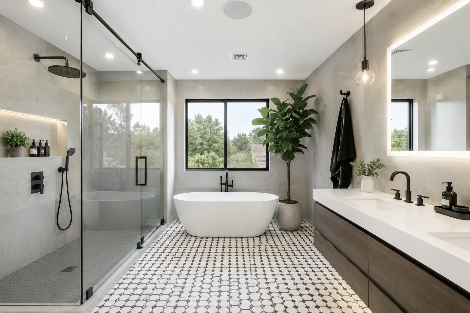 Modern bathroom concept with matte-black fixtures and mosaic tile floor
