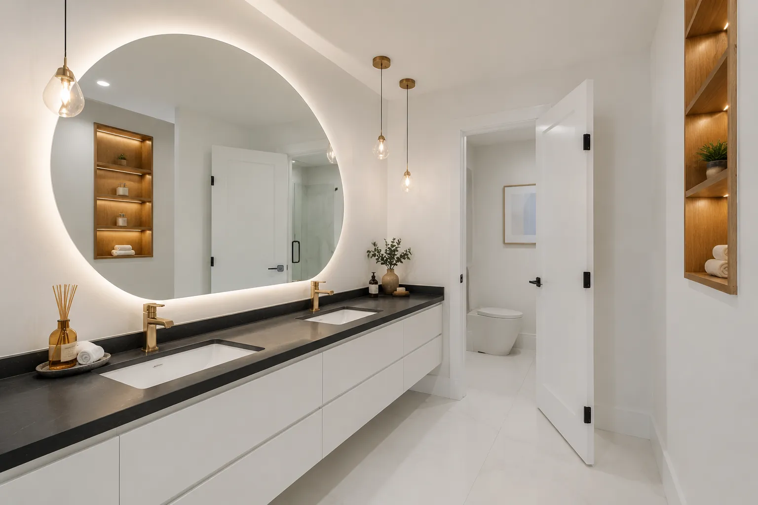 Bathroom concept with a backlit round mirror, black quartz counter, and floating white vanity