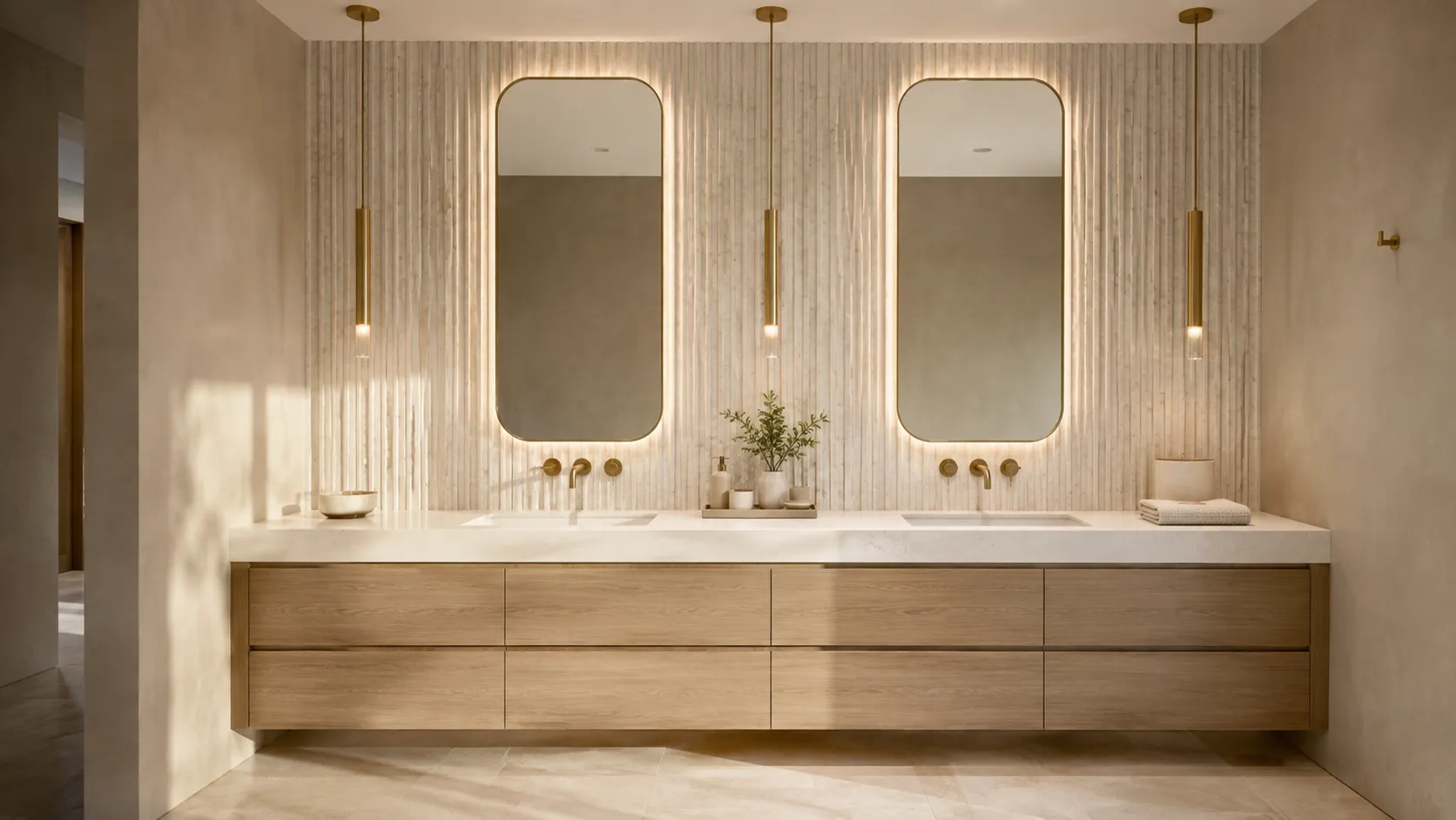 Spa bathroom concept with a fluted stone wall, backlit mirrors, and a floating oak vanity