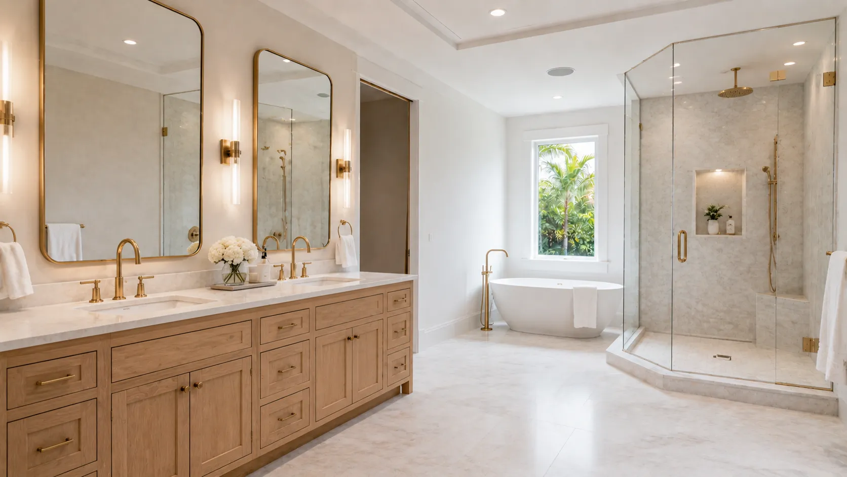Bathroom concept with white-oak double vanity, brass fixtures, freestanding tub, and glass shower