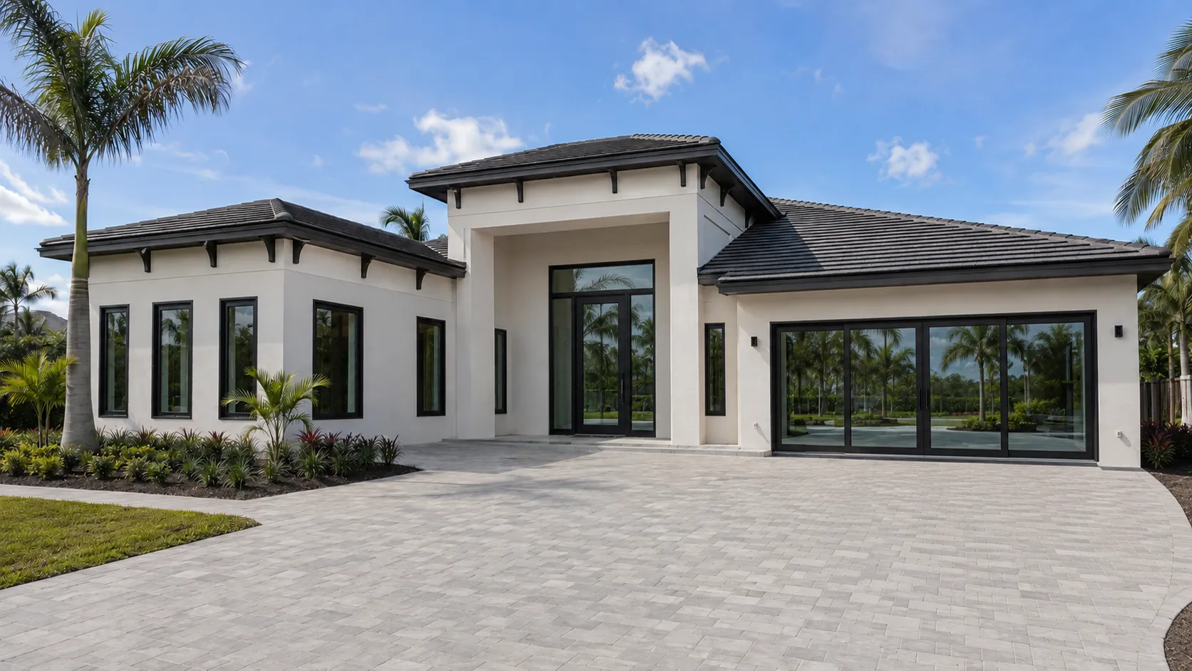 Finished light-stucco home with a tall glass entry and paver motor court