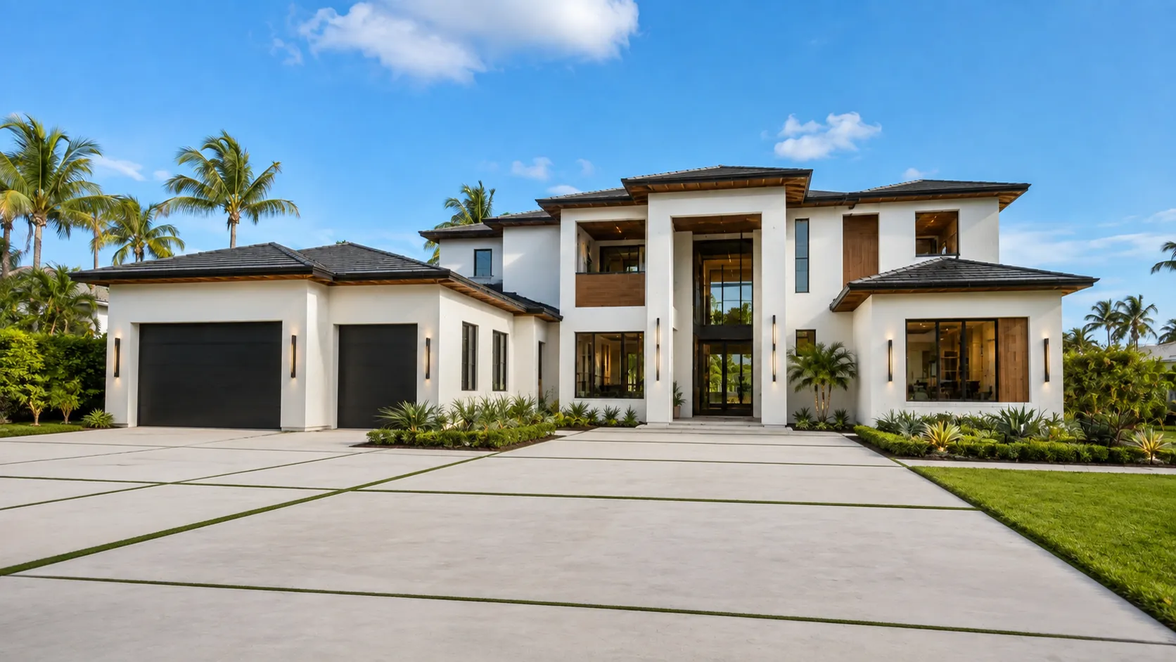 Finished modern two-story home with white stucco, wood accents, and dark garage doors
