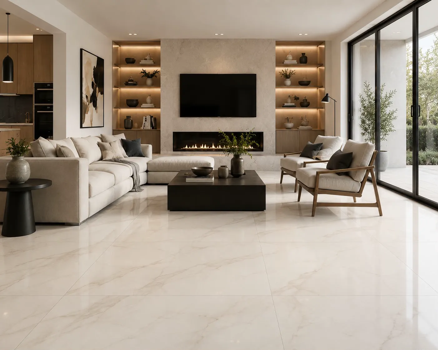 Living room finished with large-format polished marble-look porcelain flooring