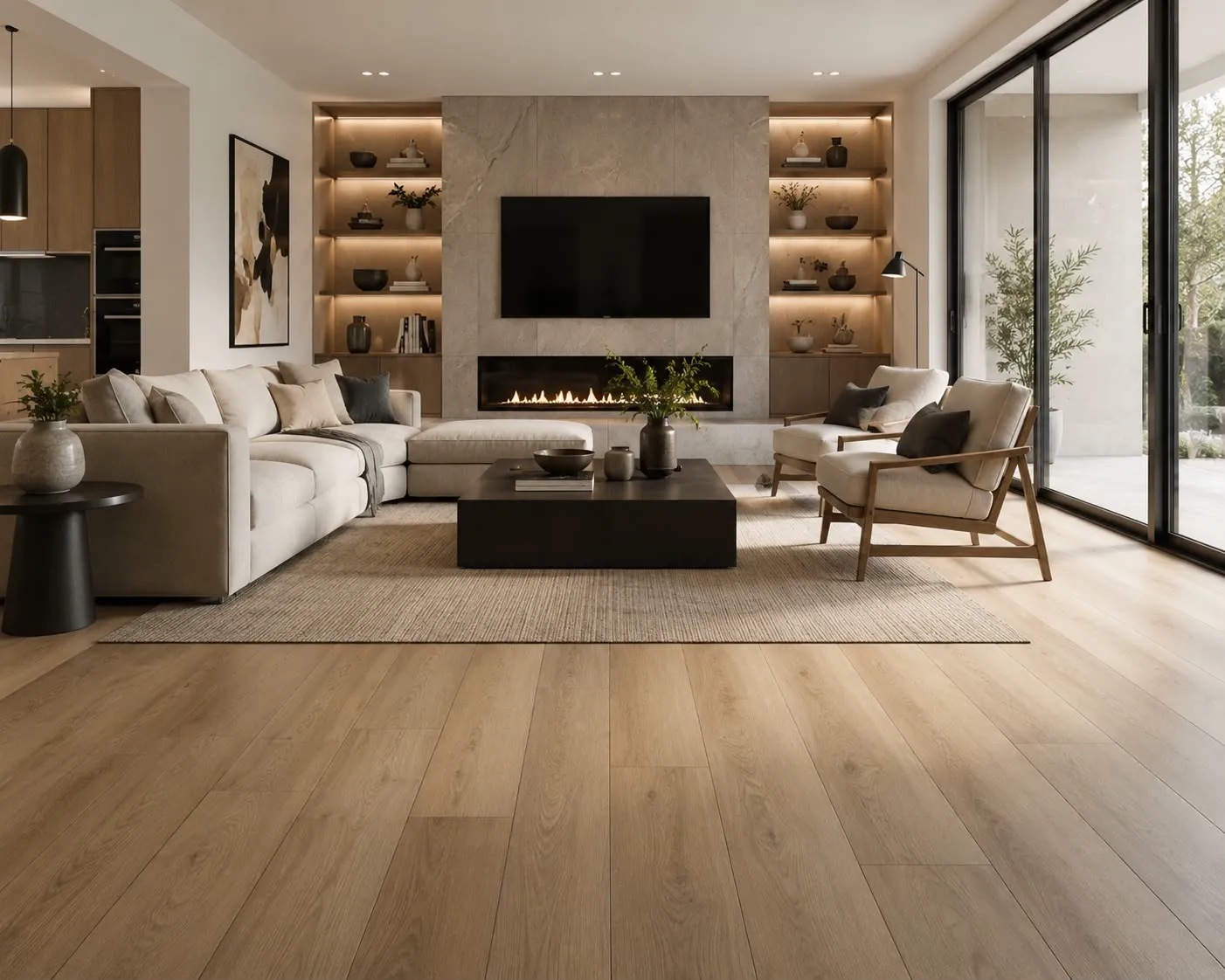 The same living room finished with wide-plank European-oak flooring