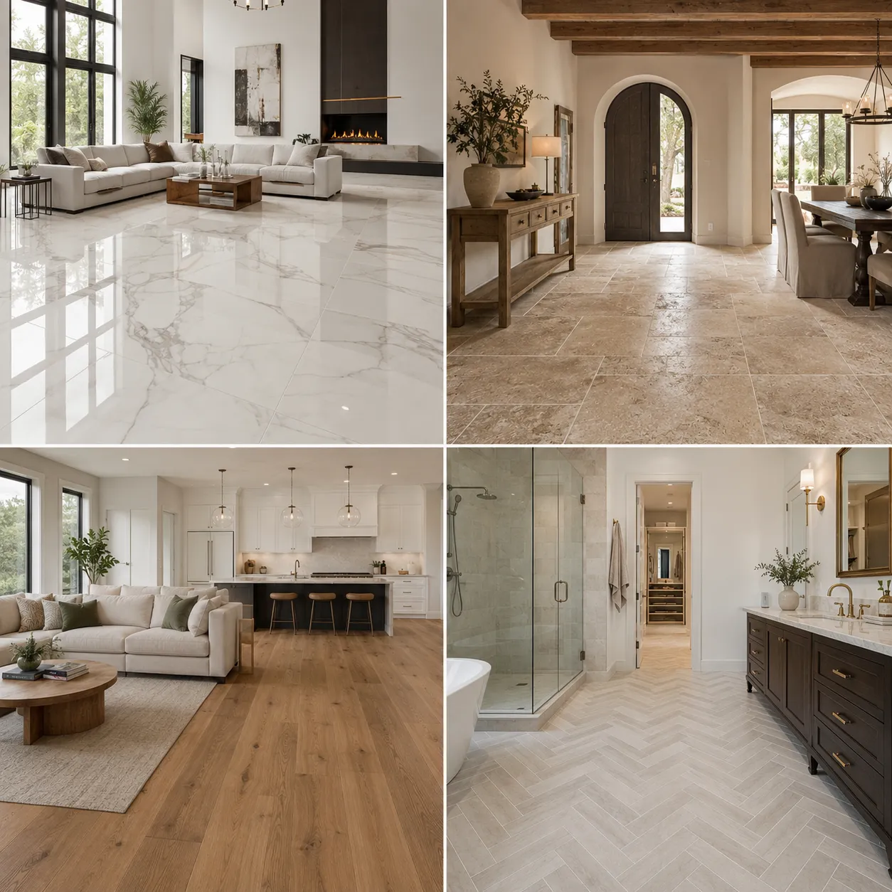 Four flooring options: polished porcelain, travertine, wide-plank oak, and herringbone tile