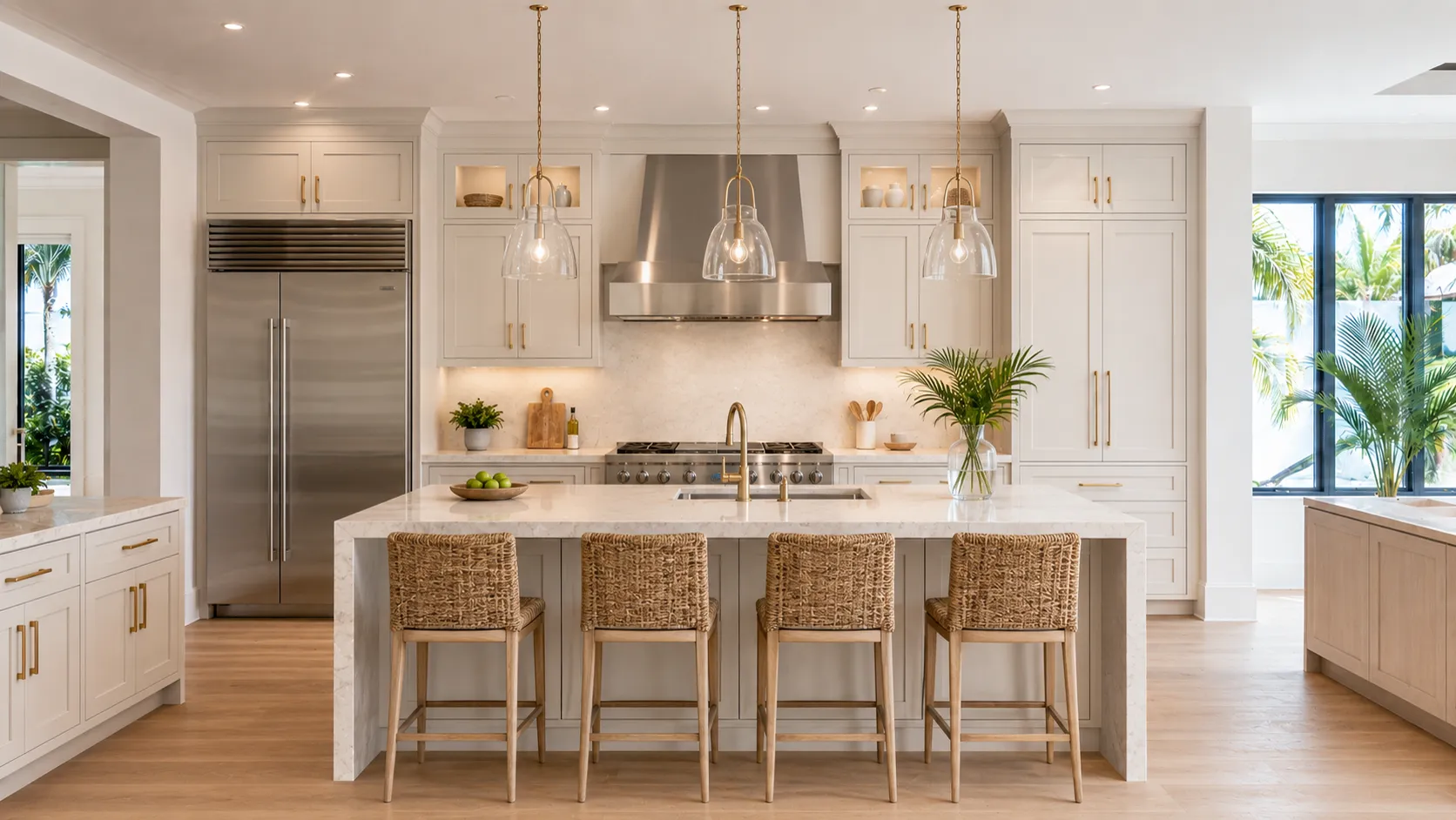 Bright kitchen concept with a quartz waterfall island, rattan stools, and brass pendants