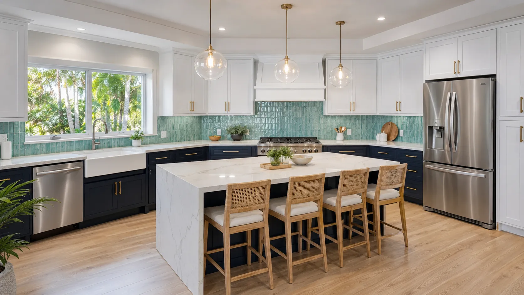 Coastal kitchen concept with a teal tile backsplash, navy base cabinets, and a farmhouse sink