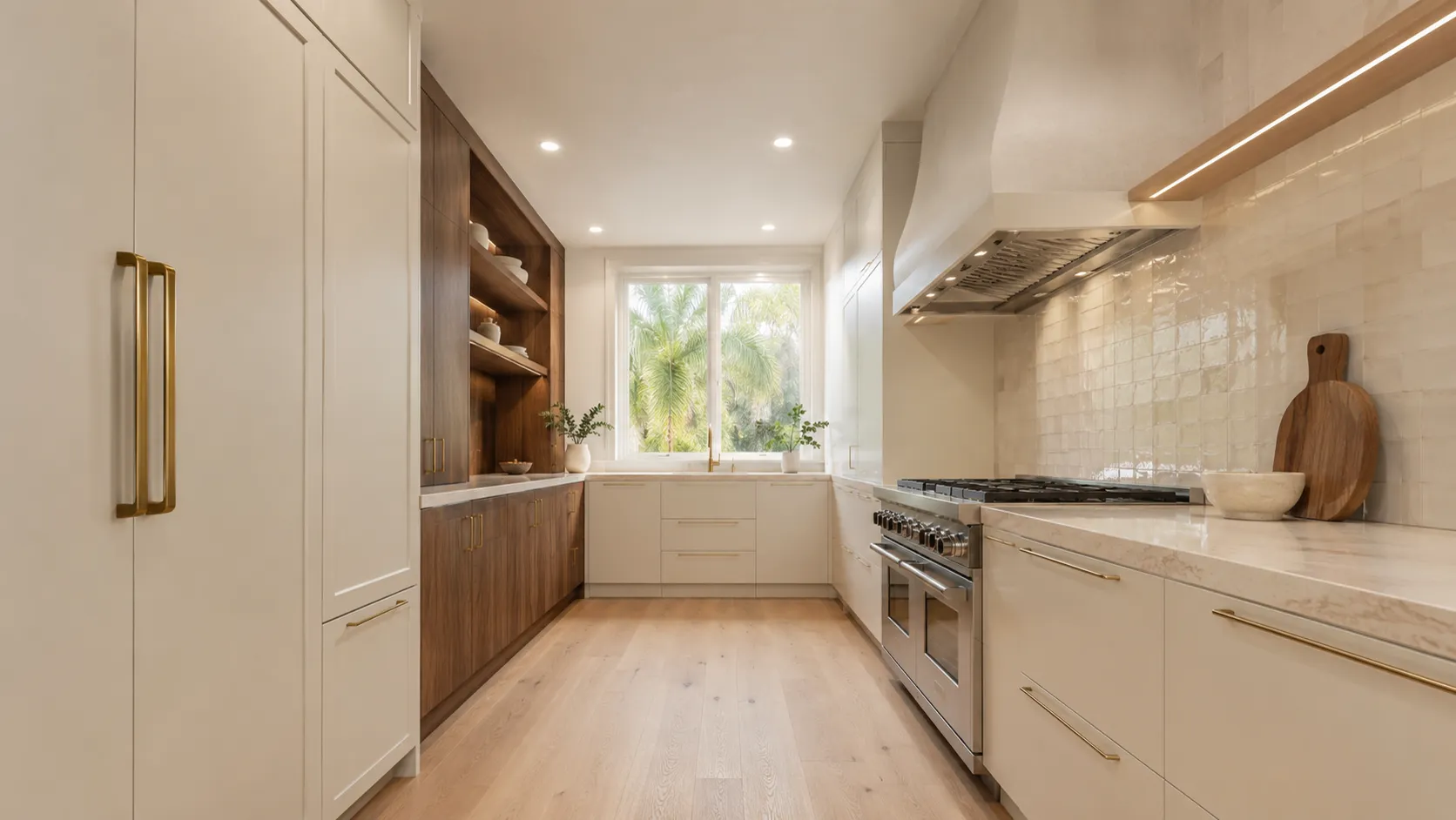 Cream and walnut galley kitchen concept with zellige tile and brass pulls