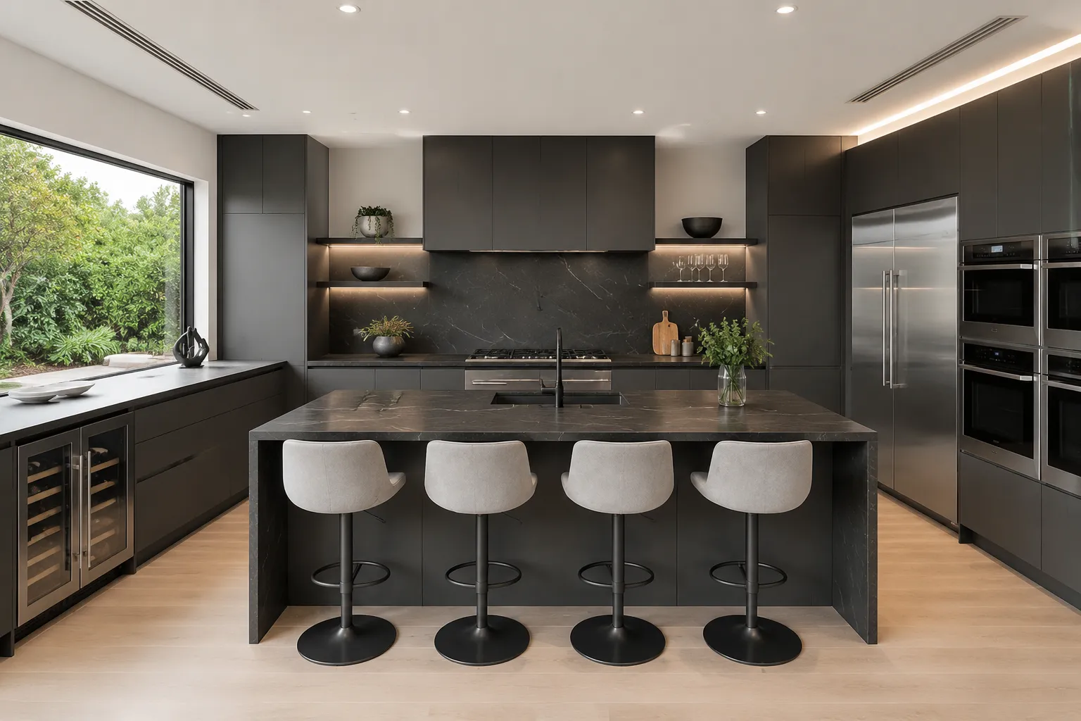 Matte-black kitchen concept with a dark stone island and integrated lighting