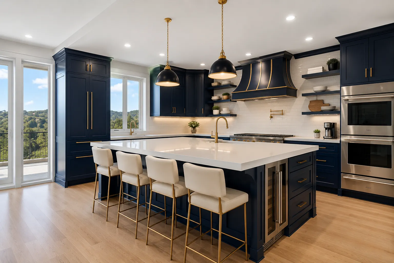 Navy-blue kitchen concept with brass hardware and a white quartz island
