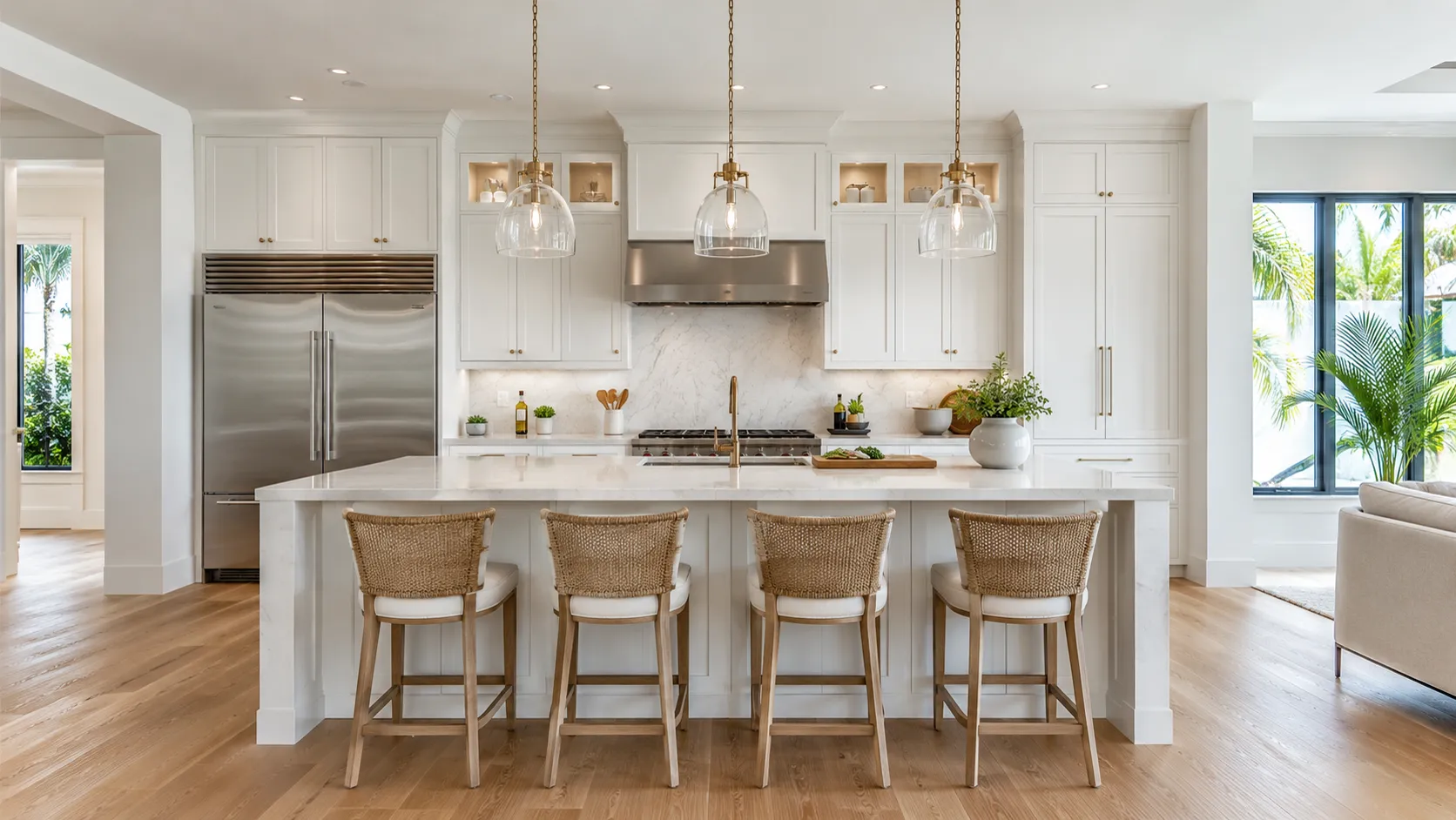 Classic white kitchen concept with a marble island and woven counter stools