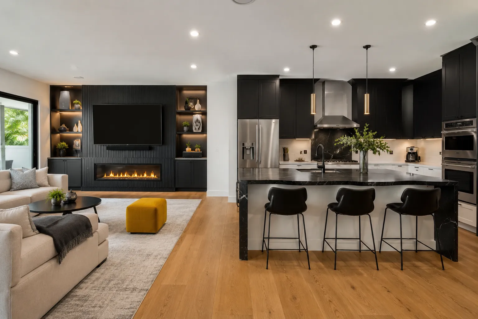 Open living space concept with a black media wall, linear fireplace, and dark-stone kitchen