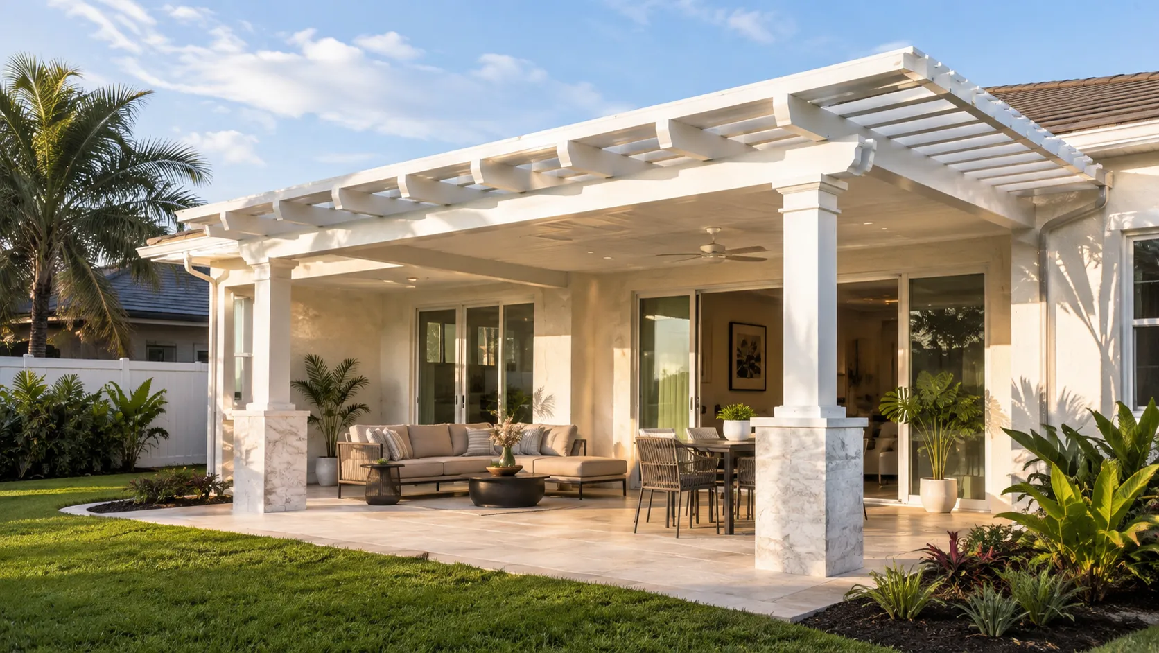 White pergola over a stone patio with outdoor seating and dining