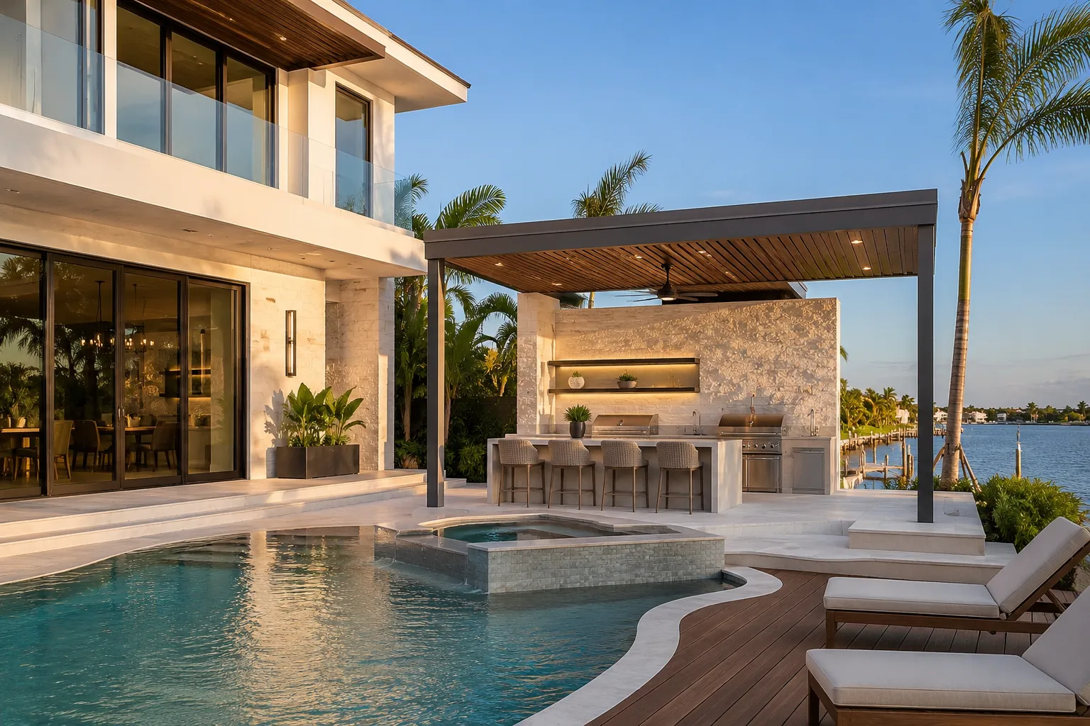 Waterfront backyard concept with pool, raised spa, pergola, and outdoor kitchen at sunset
